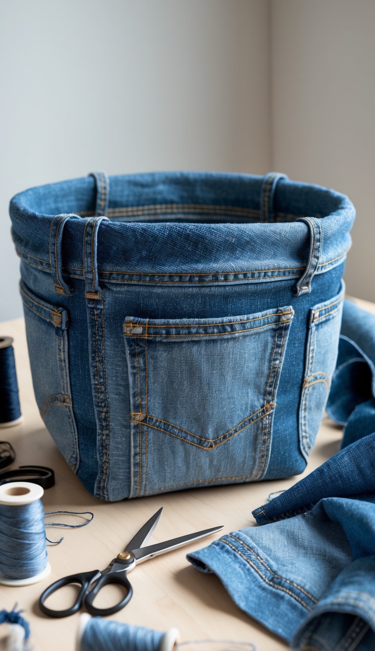 A denim storage basket made from blue jeans placed on a wooden surface with crafting materials around it.
